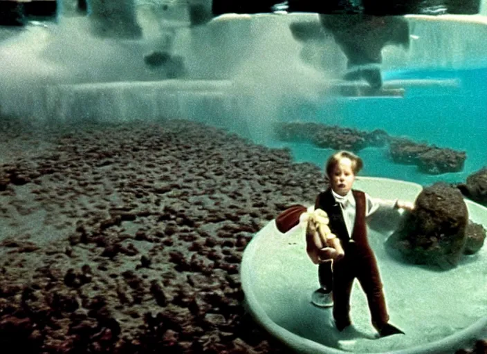 Image similar to grainy security cam footage still of Augustus Gloop in the chocolate river, movie still from Willy Wonka and his Chocolate Factory, extreme wide angle