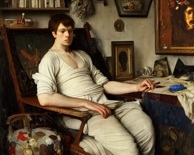 Image similar to an exhausted painter in his studio by edgar maxence and caravaggio and michael whelan, intricate painting, hyper realistic, extremely detailed and beautiful aesthetic face, 8 k resolution