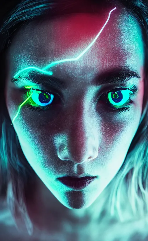 Image similar to A woman with glowing eyes, neon on black, dramatic, cinematic, Sony a7R IV, symmetric balance, polarizing filter, Photolab, Lightroom, 4K, Dolby Vision, Photography Award