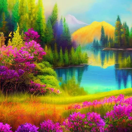 Image similar to meadow with colorful flowers and lake detailed airbrushed magical realism landscape painting 4 k