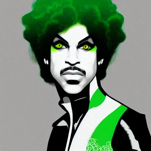 Image similar to a portrait of prince as gemini in a batman film. half his face is white with green hair. in the style of herbert bayer