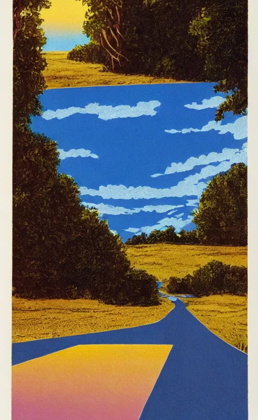 Image similar to paperback book cover. 1 9 8 0 s. pure colors, melting clouds, accurately drawn details, a sunburst above a receding road with the light reflected in furrows and ruts, after rain. and no girls.