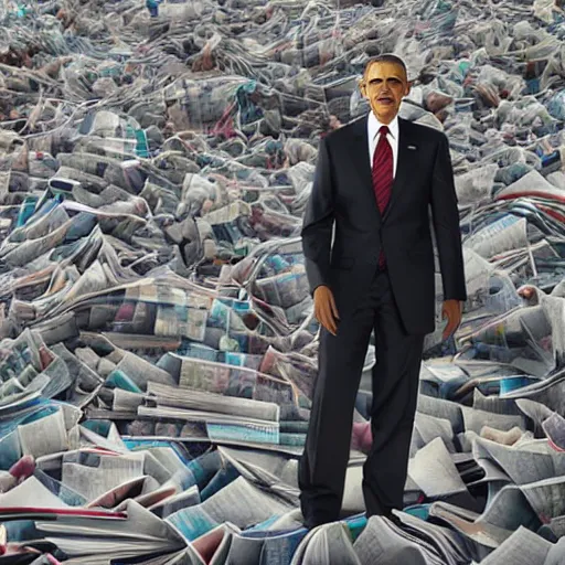 Prompt: obama nervously standing by a mountain of papers, realistic extremely detailed photo style painting, granular detail, holographic krypton ion, octane render, 4 k, f 3 2, 5 5 mm photography, wide angle