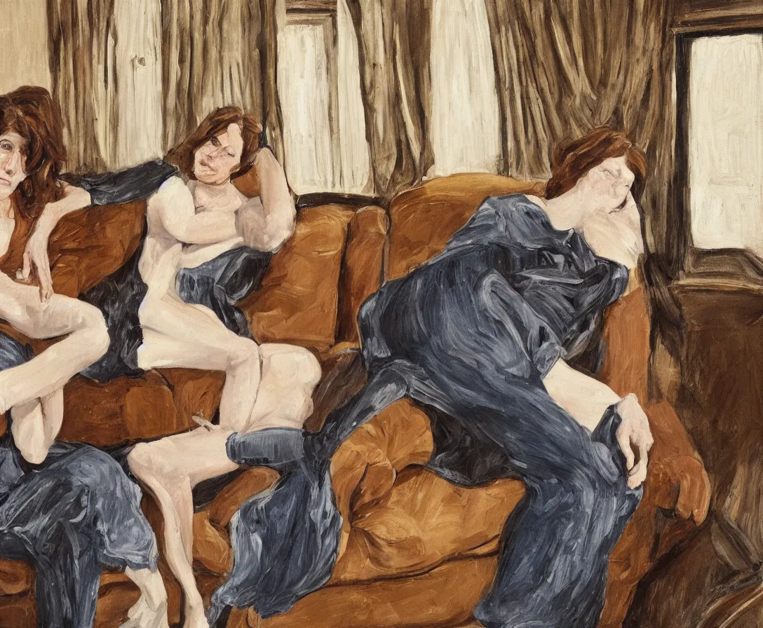 Image similar to two women, in an old english apartment on a brown leather sofa. one is wearing a dark blue sweather, the other a white shirt. brown hair, they are looking into the camera. wide shot. in the style of lucien freud. oil painting.