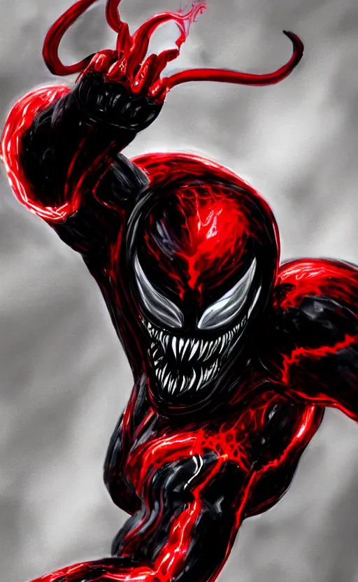 Image similar to venom in a venom inspired ironman suit, black and red, dynamic lighting, photorealistic fantasy concept art, trending on art station, stunning visuals, terrifying, creative, cinematic