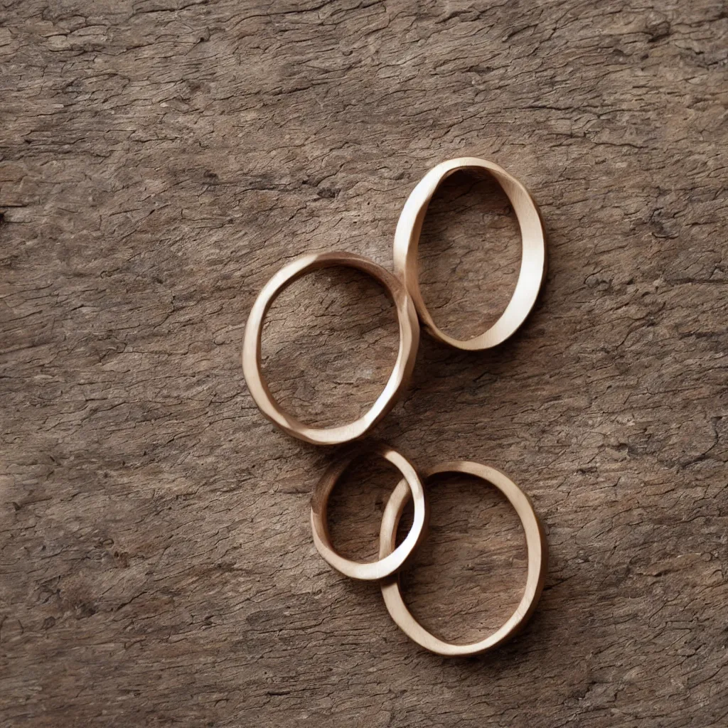 Prompt: the most beautiful wedding ring made from wood in a surrealist style, product photo, white background