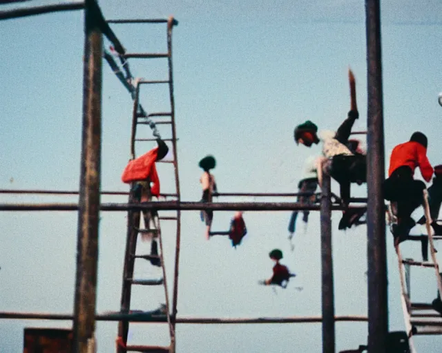 Image similar to lomo photo of roofjumpers climbing on roof of soviet hrushevka, small town, cinestill, bokeh, out of focus