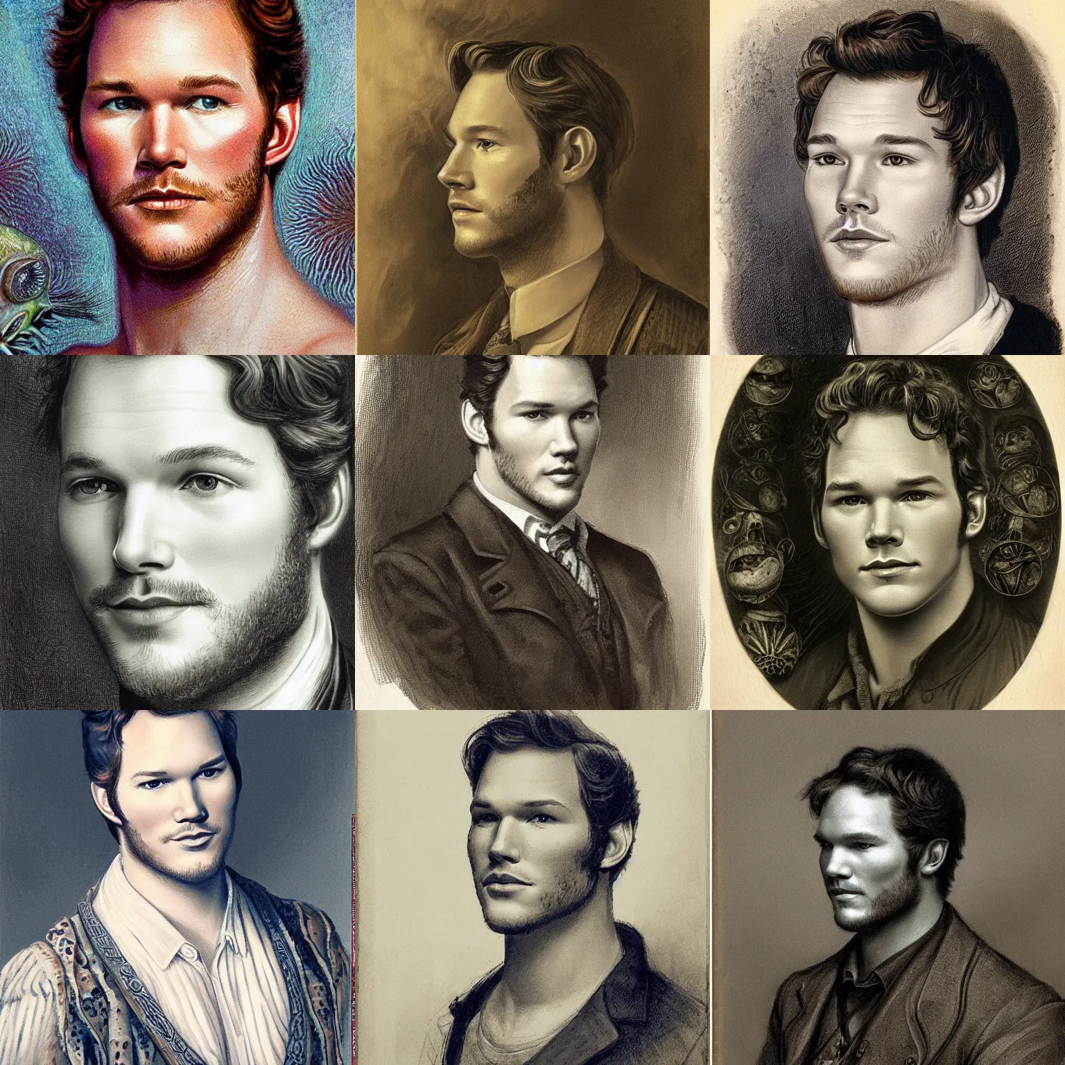 Prompt: facial portrait of a young Chris Pratt, delicate, looking at camera, slightly awkward smile, realistic face by Gerald Brom and Ernst Haeckel