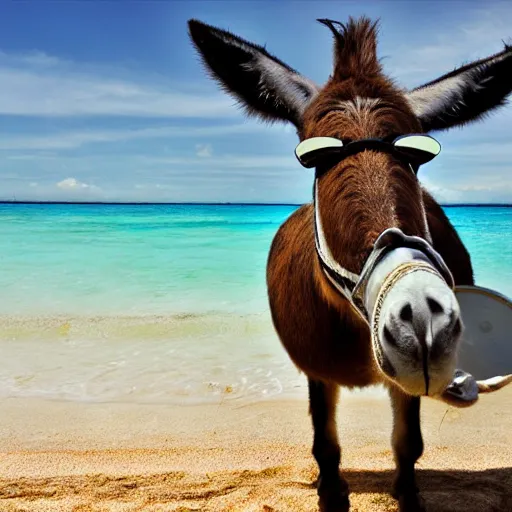 Prompt: a donkey wearing cool sunglasses at the beach, 8k, hyper-detailed, photorealistic