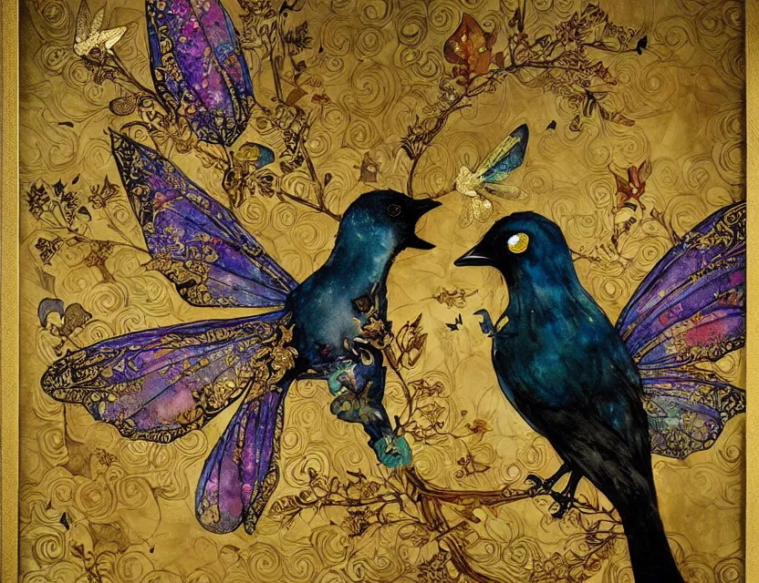 Prompt: faerie magpie in a classroom. this watercolor and gold leaf work by the award - winning mangaka has a beautiful composition, dramatic lighting and intricate details.