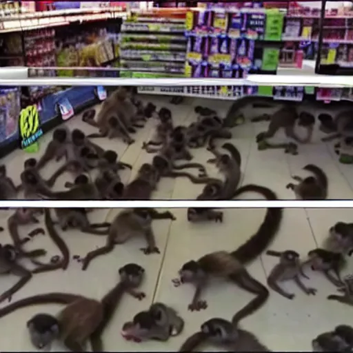 Image similar to cctv footage of a horde of monkeys raiding a walmart