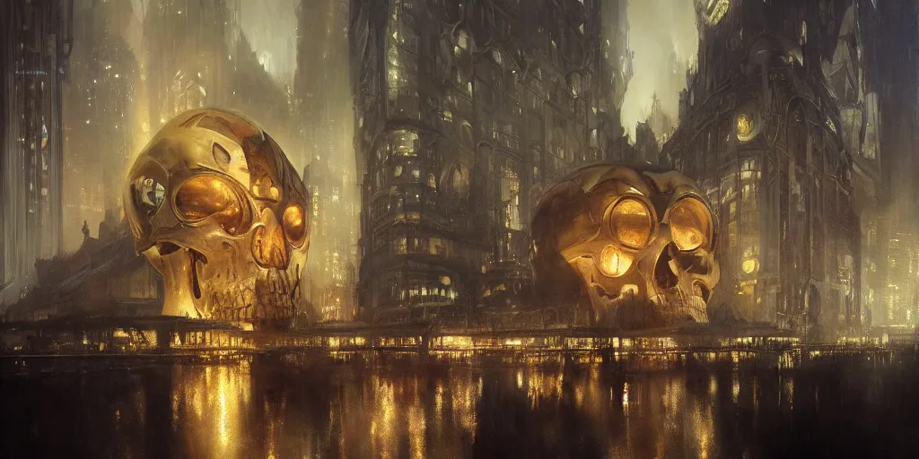 Image similar to hyperrealist matte painting of an enormous glowing futuristic building shaped like a skull at night by jeremy mann and alphonse mucha and alan lee, fantasy art, photo realistic, dynamic lighting, artstation, poster, volumetric lighting, very detailed faces, award winning