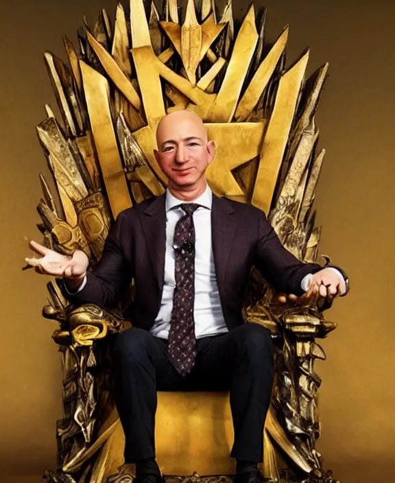 Image similar to a vivid fantasy portrait of jeff bezos sitting on a dark throne