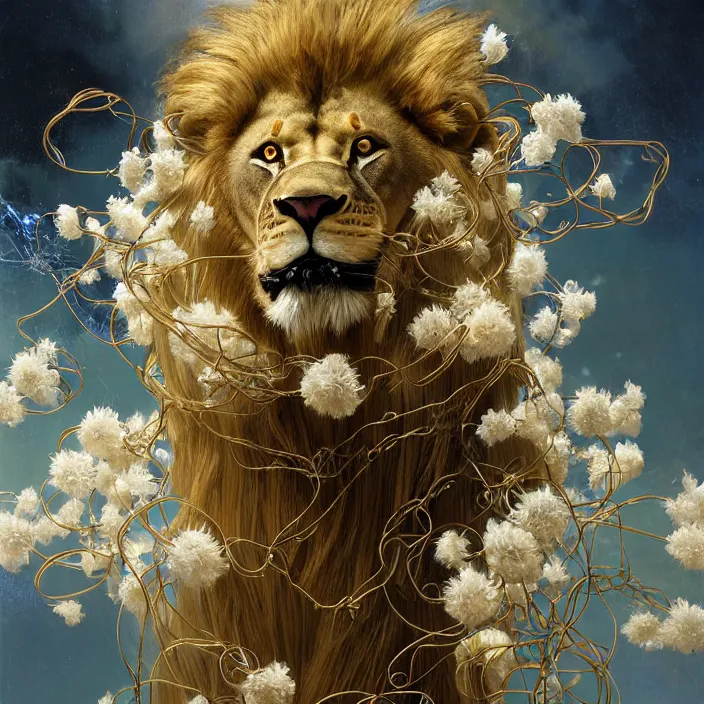 Prompt: hyperrealist portrait of a 2 0 4 4 space sport lion, it is decorated with long gold wires and white flowers that fall like vines and wears a huge computer crown. by jeremy mann and alphonse mucha, fantasy art, photo realistic, dynamic lighting, artstation, poster, volumetric lighting, dramatic light, very detailed faces, 8 k, award winning