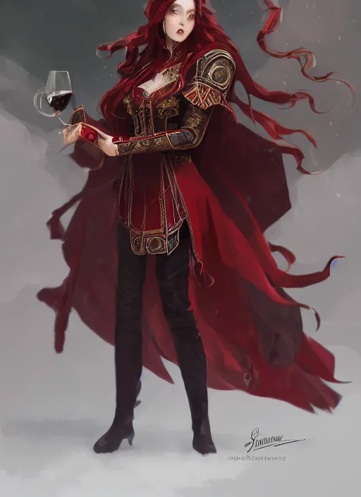 Image similar to a highly detailed illustration of beautiful long dark red haired woman wearing wine red epaulette uniform and coat cape, dramatic wielding strings pose, intricate, elegant, highly detailed, centered, digital painting, artstation, concept art, smooth, sharp focus, league of legends concept art, wlop