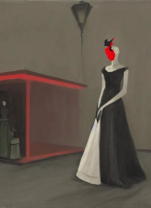 Prompt: a painting of AnnaSophia Robb, frozen cold stare, blood red background and transparent gray dress, crows as a symbol of death, in style of Edward Hopper, John Singer Sargant, American Gothic