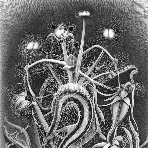 Image similar to technicolor venus flytrap, by Ernst Haeckel, by M.C. Escher, beautiful, eerie, surreal, colorful