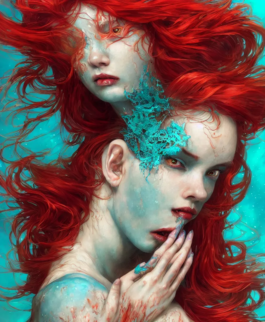 Prompt: Hyperrealistic close-up portrait of zombie mermaid young woman with red hair, alone in turquoise underwater, D&D, fantasy, intricate, elegant, highly detailed, digital painting, trending artstation, concept art, smooth, sharp focus, illustration, art by artgerm and greg rutkowski and alphonse mucha
