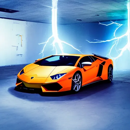 Image similar to lamborghini car, with lighting strikes around, x-ray colour way