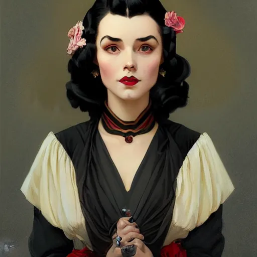 Prompt: a portrait of a woman with black hair, dressed in 1940's fashion, D&D, fantasy, intricate, elegant, highly detailed, digital painting, artstation, concept art, matte, sharp focus, illustration, art by Artgerm and Greg Rutkowski and Alphonse Mucha