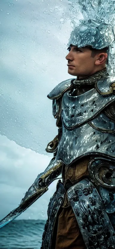 Image similar to armor made of water, made of liquid, rising up from ocean, water armor, high detail, high contrast, medium close up portrait, studio lighting, stormy seas, beautiful, bokeh, snowy, storm clouds, god rays, d & d, fantasy, elegant, aquamarine color palette, concept art, roger deakins and greg rutkowski and alphonse mucha