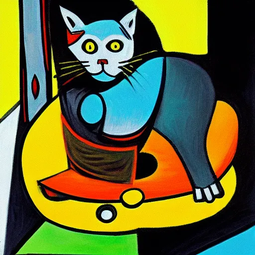Prompt: picasso painting cyberpunk cat riding a taco