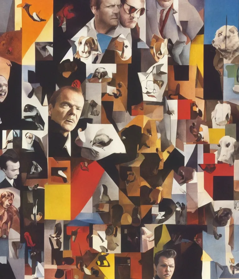 Image similar to Beautiful Minimalist!! Movie Poster made for the film I'll Destroy All the Puppies (1963) Starring Jack Nicholson and Faye Dunaway, photo collage and oil painting by Paul Klee and Man Ray, trending on artstation dramatic lighting minimalist! collage 8k