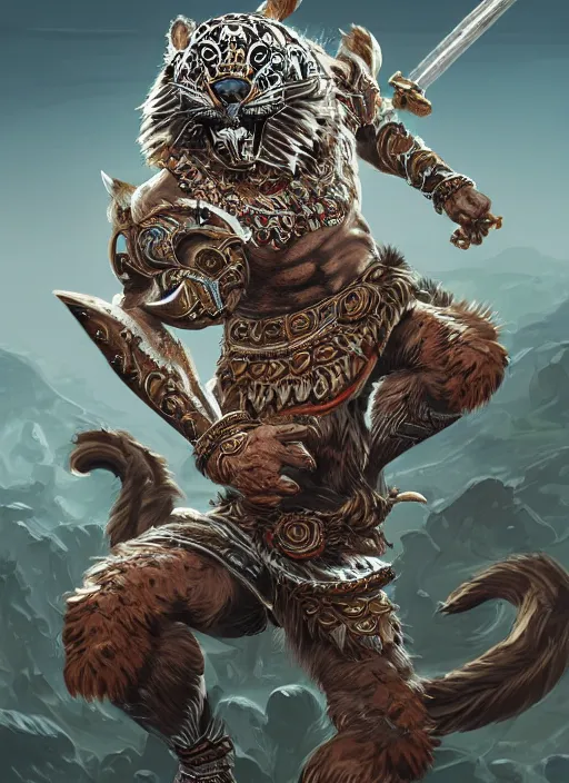 Image similar to a highly detailed illustration of fierce aztec jaguar warrior wearing white jaguar mane, heroic roaring wielding aztec sword pose, intricate, elegant, highly detailed, centered, digital painting, artstation, concept art, smooth, sharp focus, league of legends concept art, wlop