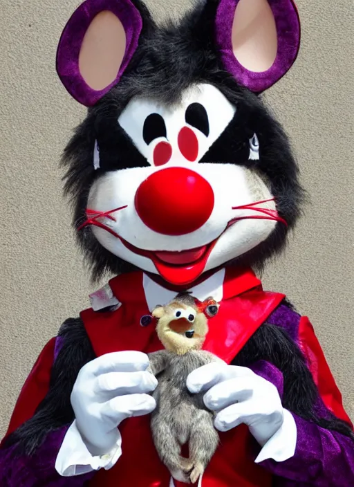 Image similar to Chuck E. Cheese mascot high quality 2013 circus portrait of an anthropomorphic rat animatronic dressed like a clown, professional portrait, Chuck E. Cheese head, authentic, mouse character, costume weird creepy, off putting, nightmare fuel, Chuck E. Cheese, abandoned building,