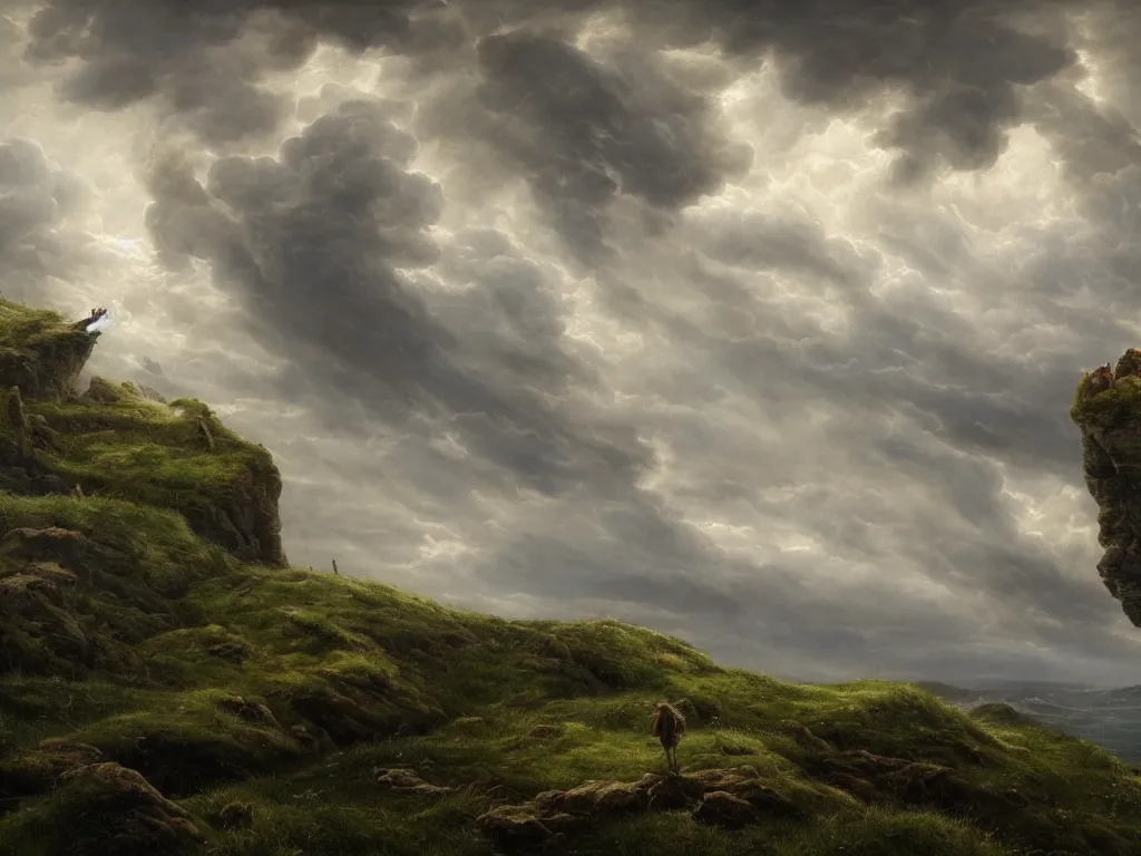 Image similar to detailed landscape, high cliff, very detailed dark super storm, hyper realistic clouds, impressive, magical, very atmospheric, smoke boiling, cinematic, deep, very high complexity, stunning, masterpiece, chiaroscuro, in the style of caspar david friedrich, very detailed. 4 k