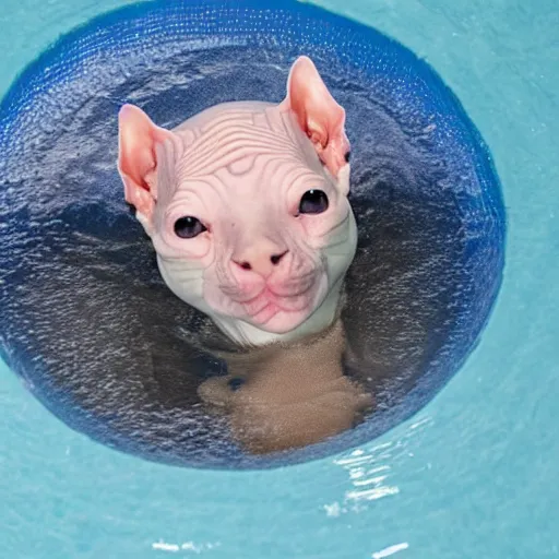 Image similar to a hairless sphynx cat swimming in a baby pool filled with milk