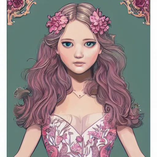 Prompt: romantic and fashion and love princess Jennifer Lawrence of the flower with sheath dress, pink rosa,Gypsophila,teenager girl,Baroque ,symmetrical head and body, flowing hair, smile,trending pinterest and pixiv, muted colors,hyperrealistic, focused, close up shot,character concept art,face by Kyoung Hwan Kim, Alexandra Fomina,Ilya Kuvshinov,John Singer Sargent, Vibrance scheme,high details,Beautiful Lighting UHD, charming eyes,luxury,8k,cryengine