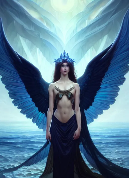 Image similar to a beautiful cinematic female archangel queen, fantasy sea landscape, fantasy magic, short aqua blue black fade hair, dark light night, intricate, elegant, sharp focus, illustration, highly detailed, digital painting, concept art, matte, art by WLOP and Artgerm and Greg Rutkowski and Alphonse Mucha, masterpiece