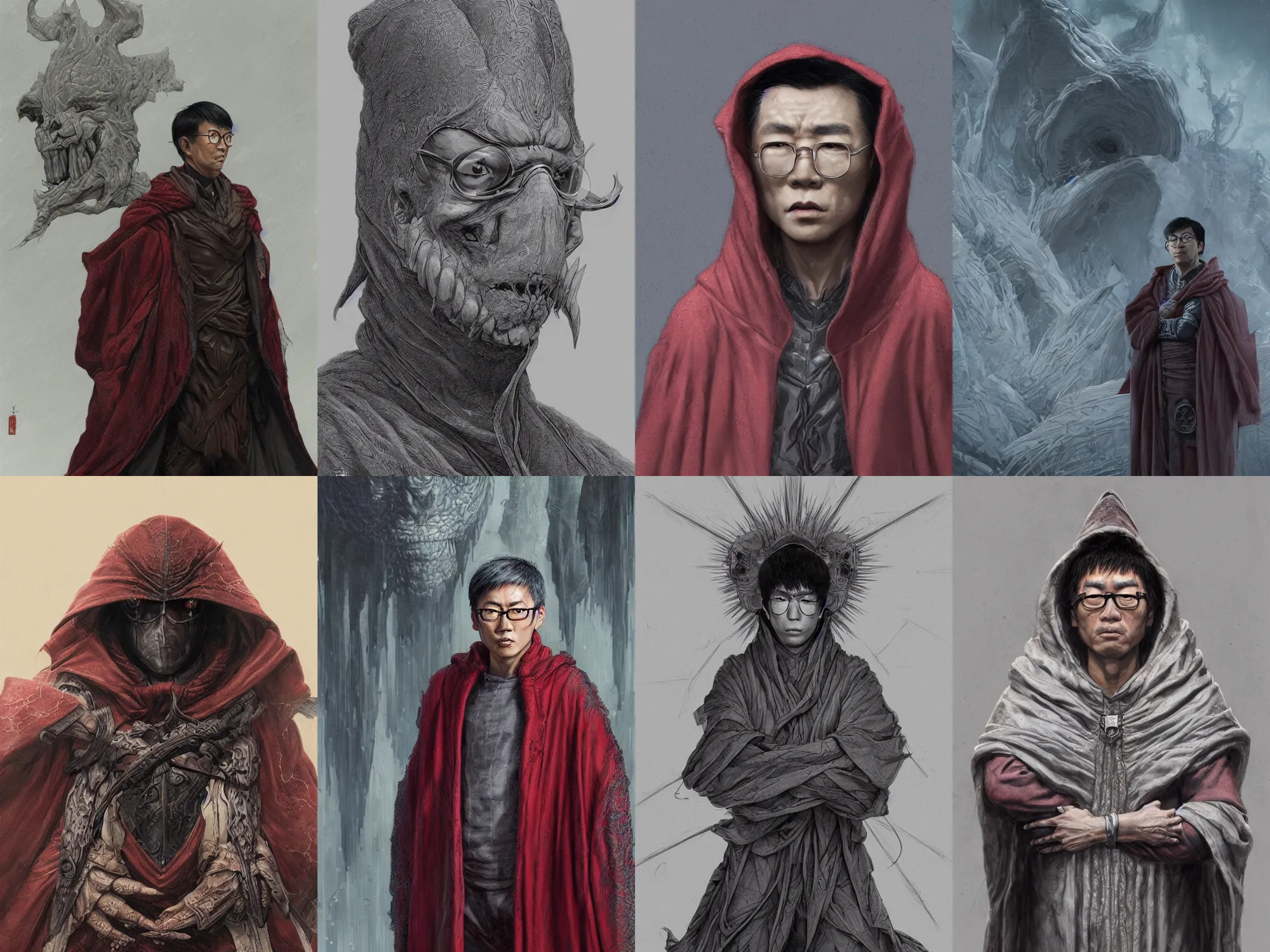 Prompt: a portrait of a pissed right off genetically engineered asian male nerd, in a cloak, art by James Jean and Wayne Barlowe, high detail, cinematic, cgsociety 8k