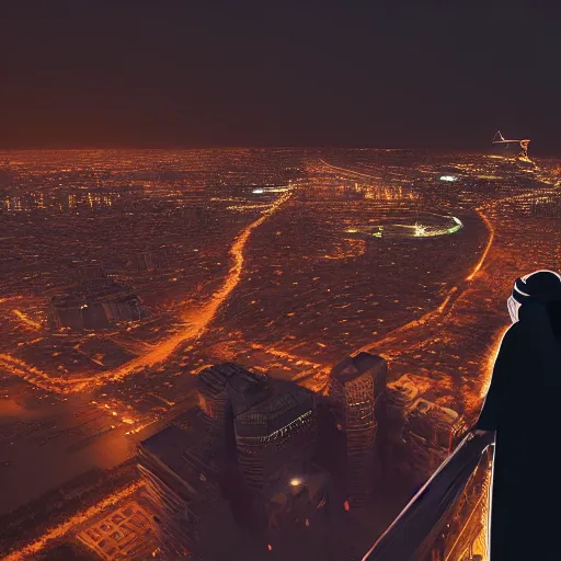 Image similar to arab man overlooking Riyadh city at night silhouette dramatic, dark, superhero, concept design, environment concept, artstation, digital art