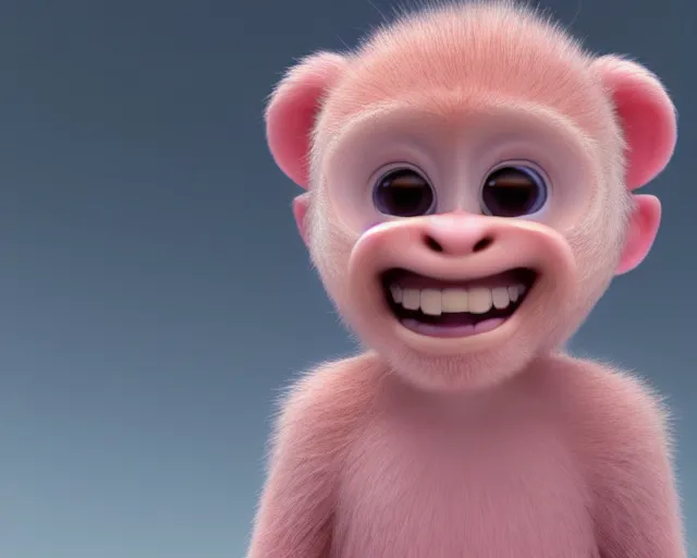 Image similar to 3D Pixar movie animation render of the cutest little pink fluffy monkey capuchin with angel wings with a big lovely grin smile sweet adorable cherub, octane render, pastel colors, soft clouds and soft gradient background