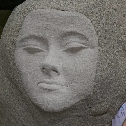 Image similar to big rock solid stone with the emerging face of emma stone buried inside the stone rock