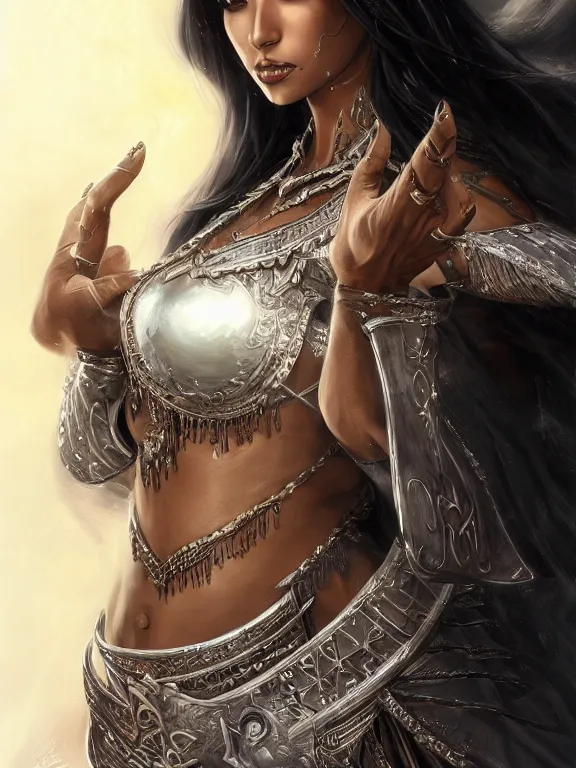 Prompt: picture of gorgeous combat belly dancer, dark skin, symmetrical face, elegant, silver decoration, dnd, high fantasy, matte digital illustration, by rossdraws, ralph horsley, pixiv