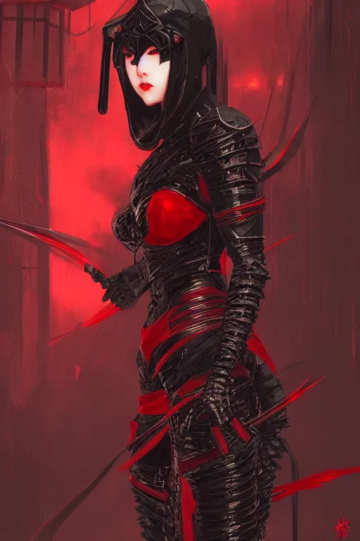 Image similar to portrait Ninja gaiden girl, armored black and red ninja wardrobe, in ruin japanese rainny temple night, ssci-fi and fantasy, intricate and very very beautiful and elegant, highly detailed, digital painting, artstation, concept art, smooth and sharp focus, illustration, art by tian zi and WLOP and alphonse mucha