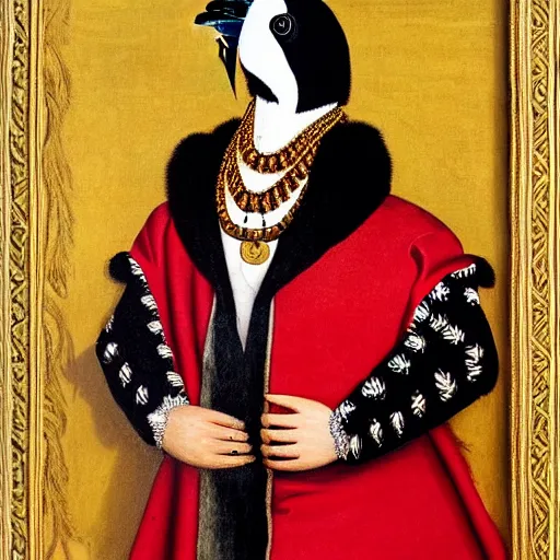 Image similar to a highly detailed painting of a raven dressed in an elegant embroidered vest, using a golden tudor necklace, in a room with thick red tapestries, by hans holbein