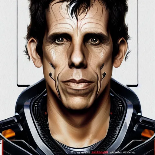 Prompt: ben stiller cyborg, symmetrical, highly detailed, futuristic, high resolution, trending on artstation