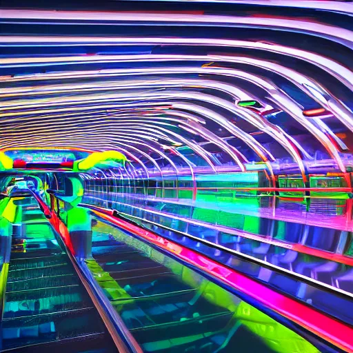 Image similar to space train station, futuristic, external view, neon colours, highly saturated, high def, 8 k, hd, highly detailed,