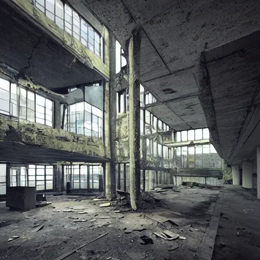 Image similar to “derelict architecture buildings, building made by Eero Saarinen, architecture digest, building surrounded in a nature environment, modern tones, fluorescent lighting,volumetric Lighting, photorealism, high detail, golden ratio, cinematic, octane renderer”