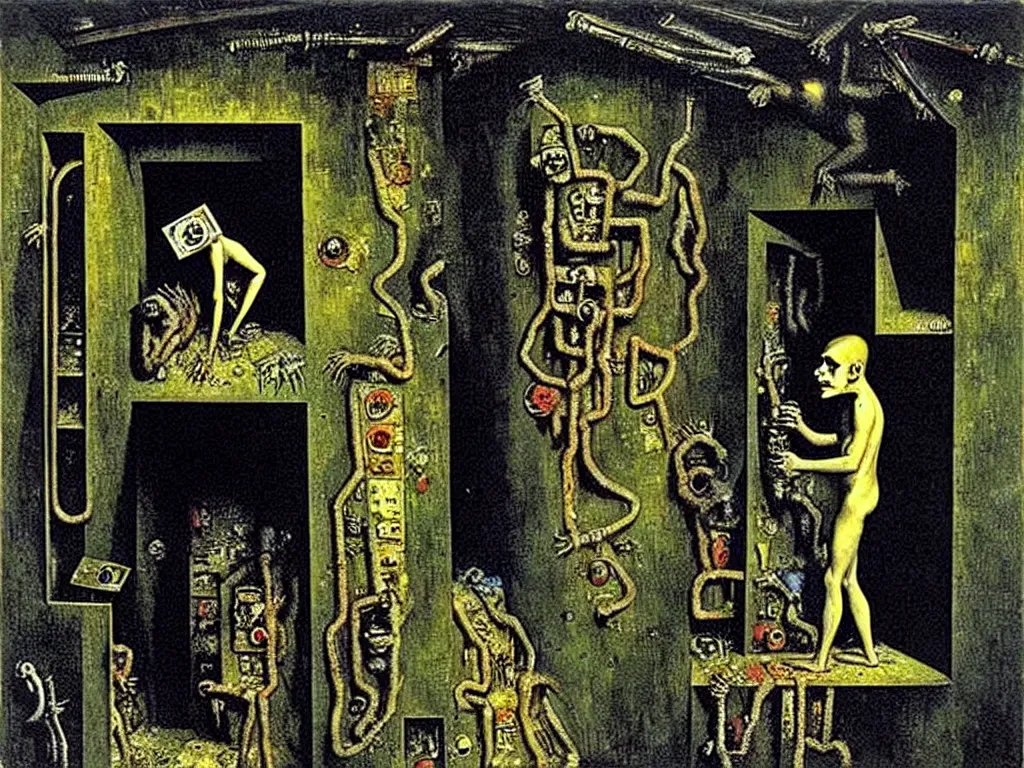 Image similar to bitcoin basement dweller, decadence and despair, underground ratman, art by max ernst