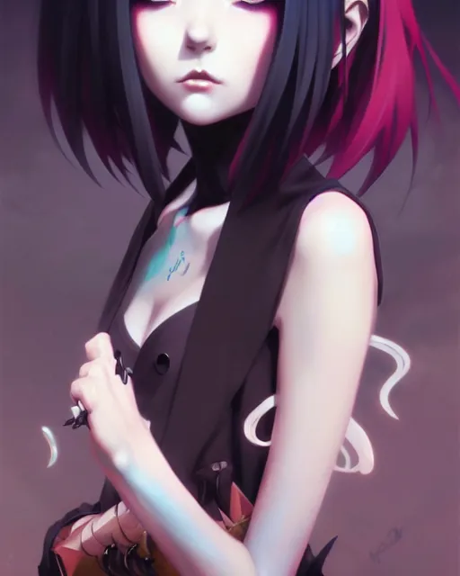 Image similar to portrait of cute goth girl, anime key visual, by peter mohrbacher and ilya kuvshinov and wlop and makoto shinkai