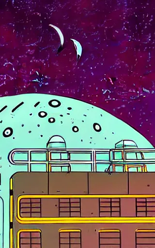 Image similar to a scifi illustration, hyper detailed external view of a lunar colony. cinematic wes anderson composition. flat colors, limited palette in FANTASTIC PLANET La planète sauvage animation by René Laloux