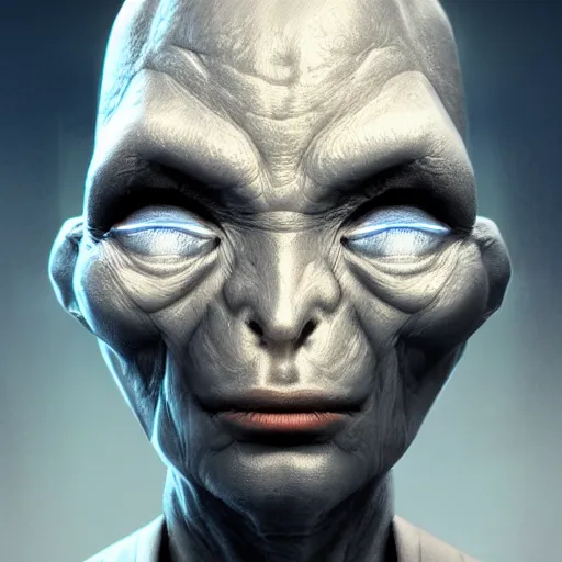 Prompt: portrait of a grey alien with technological jewelry, science fiction, menacing, confident, intricate, headshot, highly detailed, digital painting, artstation, concept art, sharp focus, cinematic lighting, illustration, cgsociety