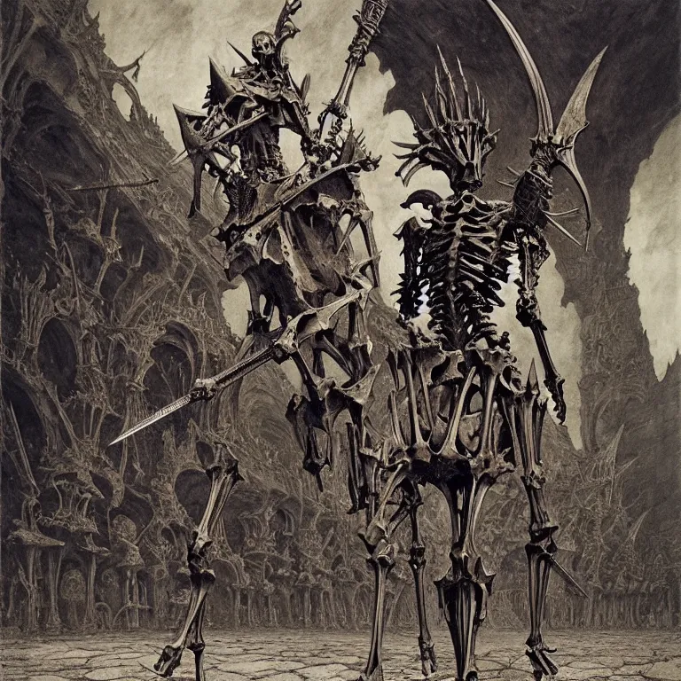 Prompt: A spiked horse blue skeleton with armored joints stands in a large cavernous throne room with halberd in hand. Massive shoulderplates. Extremely high detail, realistic, fantasy art, solo, masterpiece, bones, ripped flesh, saturated colors, colorful, art by Zdzisław Beksiński, Arthur Rackham, Dariusz Zawadzki, Harry Clarke