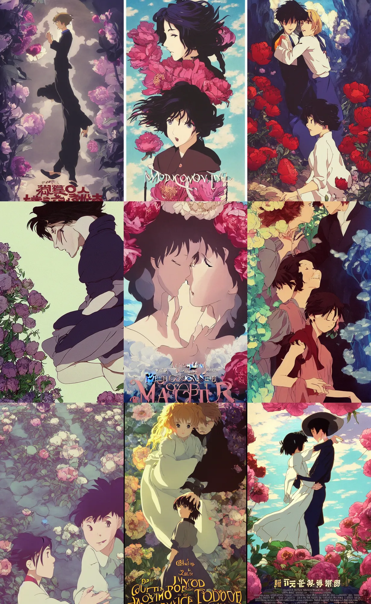 Prompt: bestselling movie poster, official media,a cinematic beautiful closeup moment of saying goodbye. Dancing slowly peonies howls moving castle, simple form, brutal shapes, shaman, pixiv, 1970s fashion, official anime media, studio ghibli, artwork by frederick judd waugh, Joaquin Sorolla, john william, waterhouse ,Denis Sarazhin, James Jean, klimt ,rhads, van gogh ,Dean Ellis, Detmold, Charles Maurice, greg rutkowski, wong kar wai