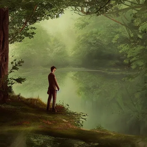 Image similar to a prince stands in a forest with a pond in the center, green color scheme, morning, artstation,
